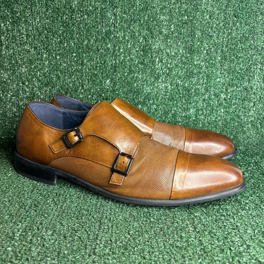 Stacy Adams Leather Textured Cap Toe Double Monk Strap Shoes Brown Mens Size 14M